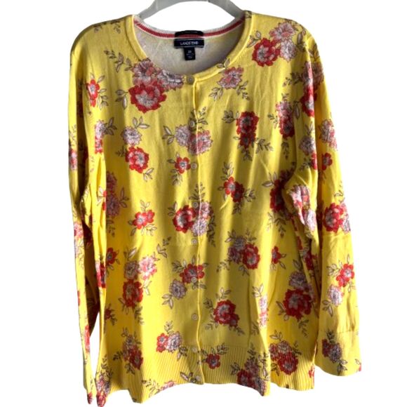 LAND'S END SUPIMA Cotton Plus 2X 20W-22W Button Down Yellow Floral Cardigan #F - Picture 1 of 6